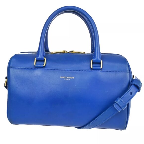 SAINT LAURENT Logo Baby Duffel 2Way Shoulder Hand Bag Leather Blue - Picture 1 of 11